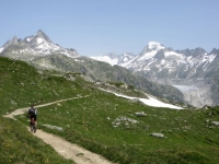 Tratto di sentiero finale per il Grimselpass, sullo sfondo il ghiacciaio del Rodano