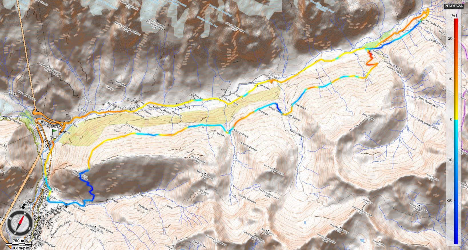 Giro dei tre Rifugi della Val Ferret Pendenze